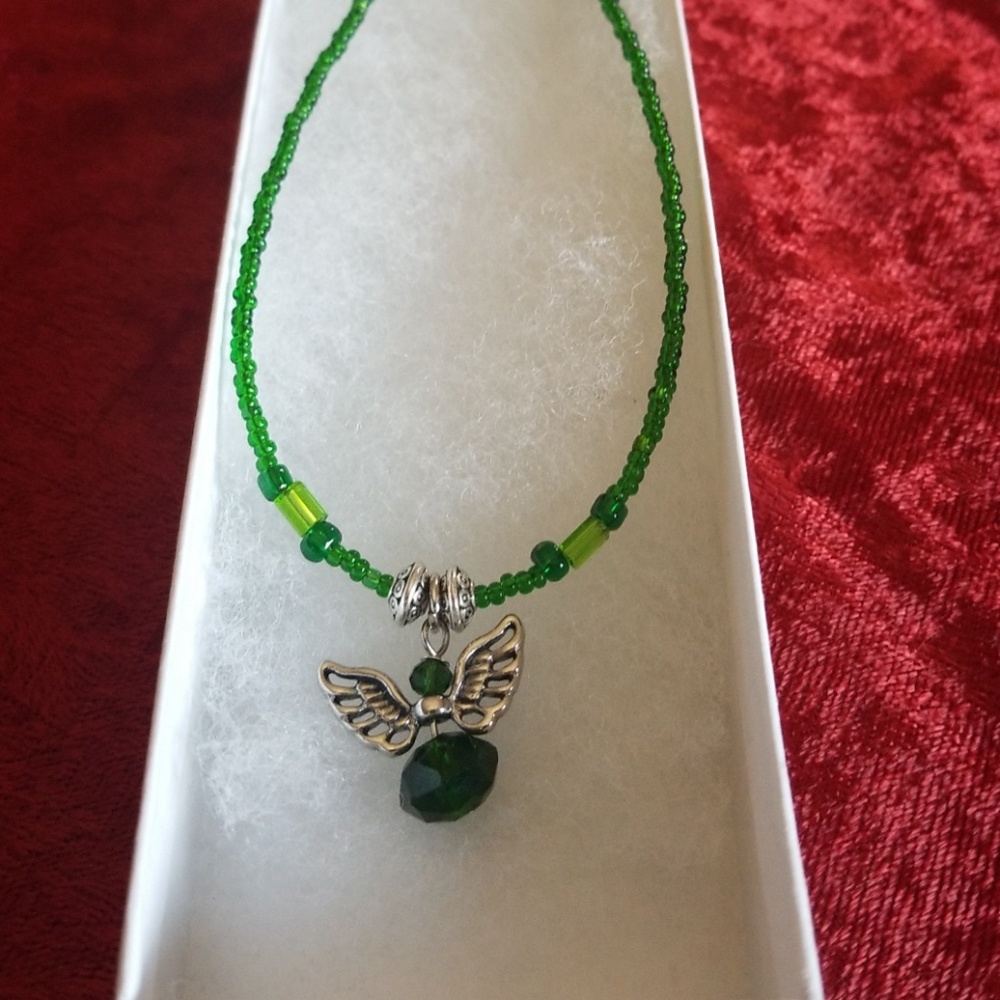 18" Handbeaded Green Angel Necklace